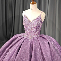 Glamorous & Glitter Ball Gown V Neck Spaghetti Straps 3D Floral Lace Appliques Sweep Train Purple Tulle Princess Quinceanera Dress For Sweet 16