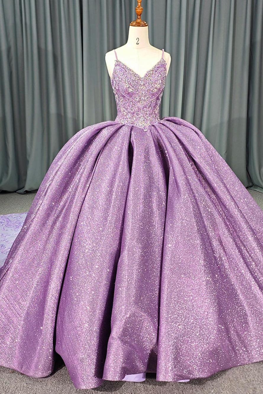 Glamorous & Glitter Ball Gown V Neck Spaghetti Straps 3D Floral Lace Appliques Sweep Train Purple Tulle Princess Quinceanera Dress For Sweet 16
