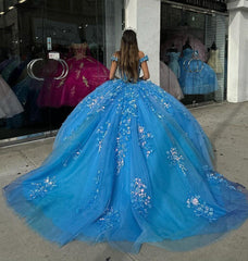 Glamorous & Gorgeous Ball Gown Off Shoulder Beaded Lace Appliques Blue Tulle Quinceanera Dress Birthday Evening Party Dresses For Sweet 16