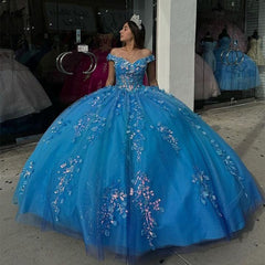 Glamorous & Gorgeous Ball Gown Off Shoulder Beaded Lace Appliques Blue Tulle Quinceanera Dress Birthday Evening Party Dresses For Sweet 16