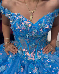 Glamorous & Gorgeous Ball Gown Off Shoulder Beaded Lace Appliques Blue Tulle Quinceanera Dress Birthday Evening Party Dresses For Sweet 16
