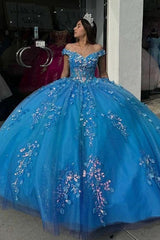 Glamorous & Gorgeous Ball Gown Off Shoulder Beaded Lace Appliques Blue Tulle Quinceanera Dress Birthday Evening Party Dresses For Sweet 16