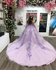 Glamorous & Gorgeous Ball Gown Off Shoulder Long Sleeves Lace Appliques Lilac Tulle Quinceanera Dress Evening Party Gown For Sweet 16