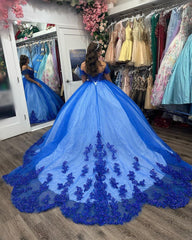 Glamorous & Gorgeous Ball Gown Off Shoulder Sweetheart Neck Flowers Lace Appliques Beaded Royal Blue Tulle Princess Party Gown Quinceanera Dress For Sweet 16