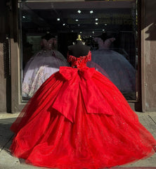 Glamorous & Gorgeous Ball Gown Off Shoulder Sweetheart Neck Red Tulle Princess Evening Party Gown Quinceanera Dress For Sweet 16