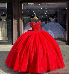 Glamorous & Gorgeous Ball Gown Off Shoulder Sweetheart Neck Red Tulle Princess Evening Party Gown Quinceanera Dress For Sweet 16