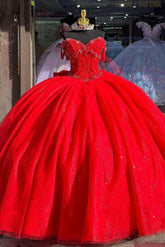 Glamorous & Gorgeous Ball Gown Off Shoulder Sweetheart Neck Red Tulle Princess Evening Party Gown Quinceanera Dress For Sweet 16