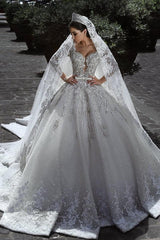 Glamorous Long Sleeves Tulle Appliques Wedding Dress Bridal Ball Gowns