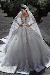 Glamorous Long Sleeves Tulle Appliques Wedding Dress Bridal Ball Gowns