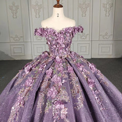 Glamorous & Luxury Ball Gown Off Shoulder Flowers Lace Appliques Beaded Purple Tulle Quinceanera Dress Princess Birthday Party Gown For Sweet 16