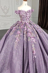 Glamorous & Luxury Ball Gown Off Shoulder Flowers Lace Appliques Beaded Purple Tulle Quinceanera Dress Princess Birthday Party Gown For Sweet 16