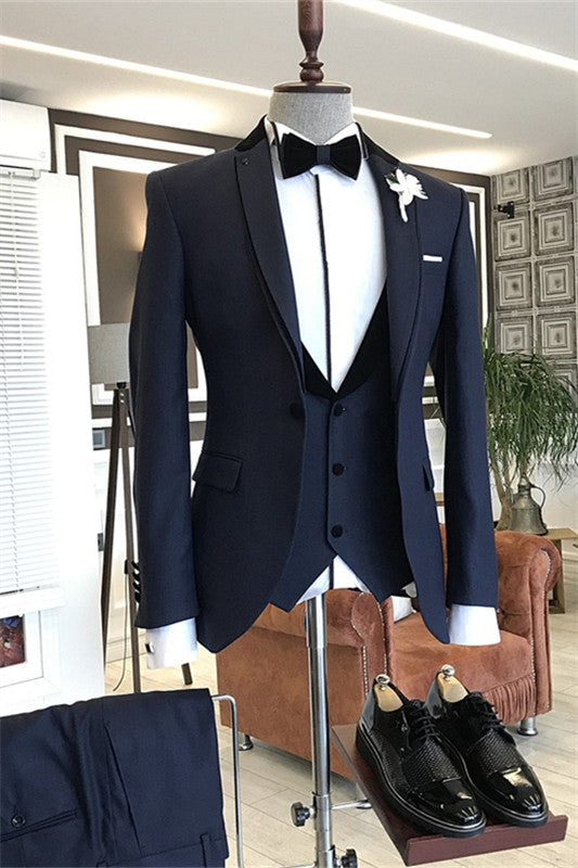 Glamorous Navy Blue Notched Lapel 3 Piece Business Suit