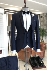 Glamorous Navy Blue Notched Lapel 3 Piece Business Suit