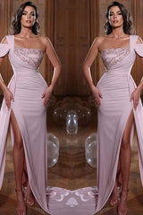 Glamorous One Shoulder Mermaid Evening Dress with Sequins Ruffles and Slit