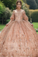 Glamorous & Sparkly Ball Gown Off Shoulder Half Sleeves 3D Butterfly Appliques Glitter Rose Gold Tulle Quinceanera Dress Birthday Party Dress For Sweet 16