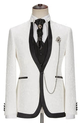 Glamorous White Jacquard Shawl Lapel 3 Piece Wedding Suit