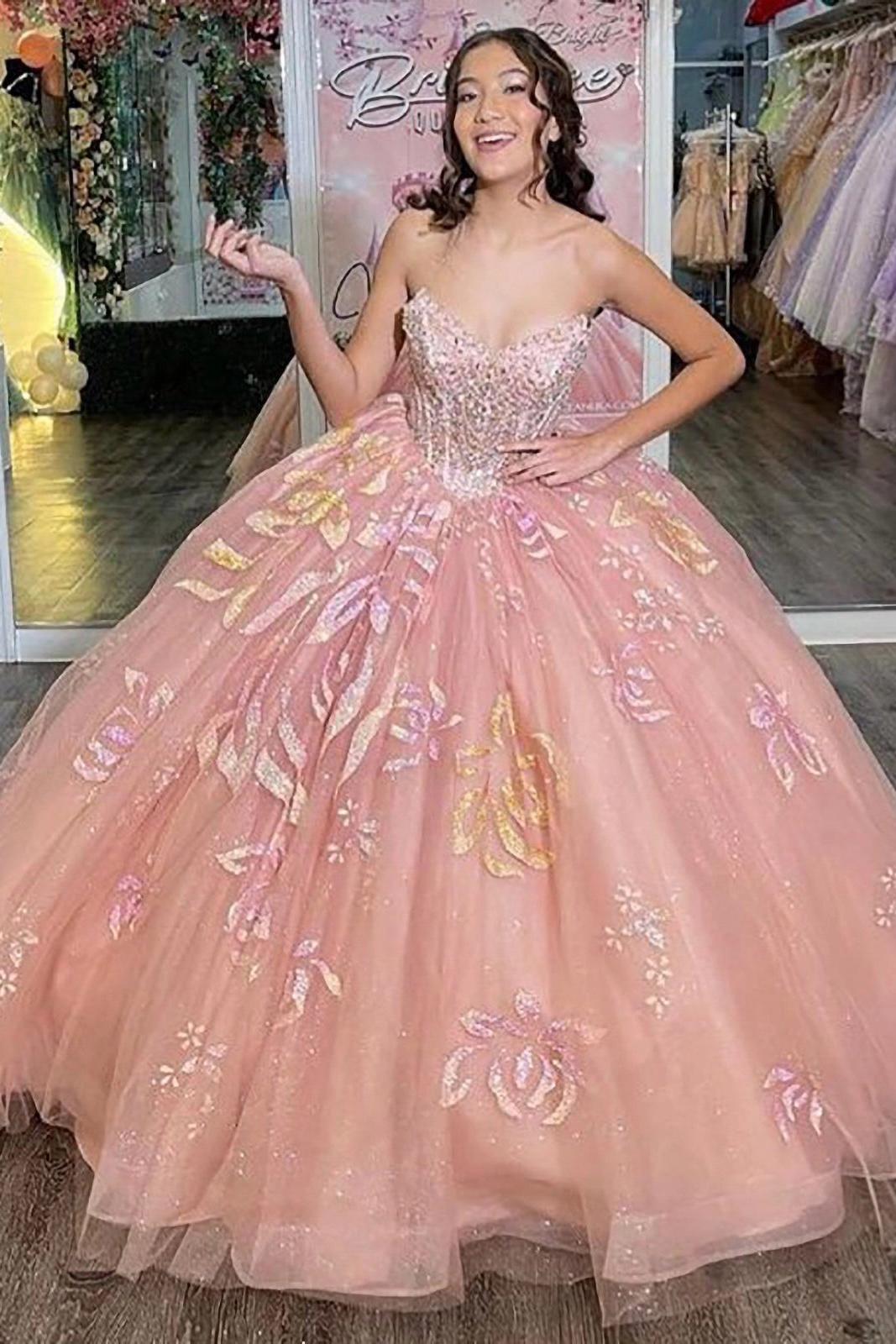 Glitter Ball Gown Sweetheart Neck Appliques Beaded Pink Tulle Princess Quinceanera Dress Birthday Party Gown For Sweet 16