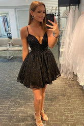 Glitter Black Homecoming Dress Lace Sequin Cocktail Party Dresses