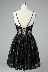 Glitter Black Homecoming Dress Lace Sequin Prom Dress