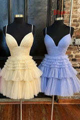 Glitter Blue Homecoming Dress A-Line Tulle Tiered Short Cocktail Dresses