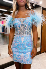 Glitter Blue Homecoming Dress Corset Lace Tight Short Cocktail Dresses with Feathers