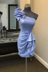 Glitter Blue Homecoming Dress Sequin One Shoulder Tiered Prom Dress