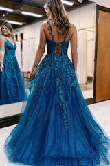 Glitter Blue Lace A Line Long Prom Dress