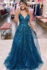 Glitter Blue Lace A Line Long Prom Dress