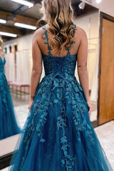 Glitter Blue Lace A Line Long Prom Dress