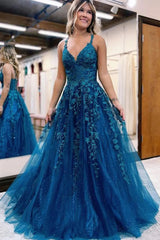 Glitter Blue Lace A Line Long Prom Dress