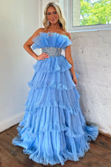 Glitter Blush A Line Beaded Long Tulle Tiered Prom Dress with Ruffles