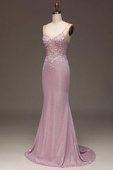Glitter Blush Mermaid Long Corset Prom Dress With Appliques