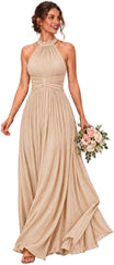 Glitter Chiffon Halter Bridesmaid Dress with Pleated Empire Waist