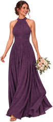 Glitter Chiffon Halter Bridesmaid Dress with Pleated Empire Waist
