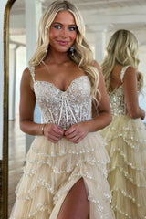 Glitter Corset Tiered Long Tulle Prom Dress with Slit