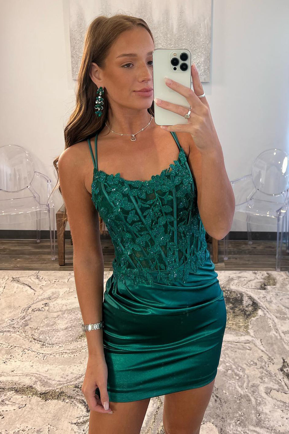 Glitter Dark Green Homecoming Dress Corset Spaghetti Straps Tight Short Cocktail Dresses with Lace