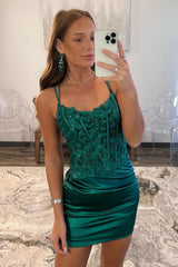 Glitter Dark Green Homecoming Dress Corset Spaghetti Straps Tight Short Cocktail Dresses with Lace
