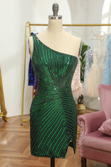 Glitter Dark Green Homecoming Dress One Shoulder Beaded Tight Cocktail Party Dresses