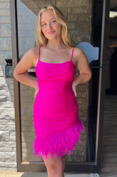 Glitter Fuchsia Homecoming Dress Feathered Tight Short Cocktail Dresses