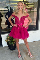 Glitter Fuchsia Homecoming Dress Tiered A-Line Tulle Corset Short Prom Dress with Lace