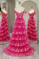 Glitter Fuchsia Prom Dress A Line Long Tiered Corset Evening Dress With Lace