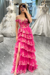 Glitter Fuchsia Prom Dress A Line Long Tiered Corset Evening Dress With Lace