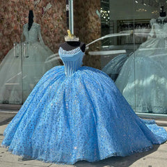 Glitter & Glamorous Ball Gown Strapless Fully Beaded Sequins Sky Blue Tulle Quinceanera Dress Princess Birthday Party Gown For Sweet 16