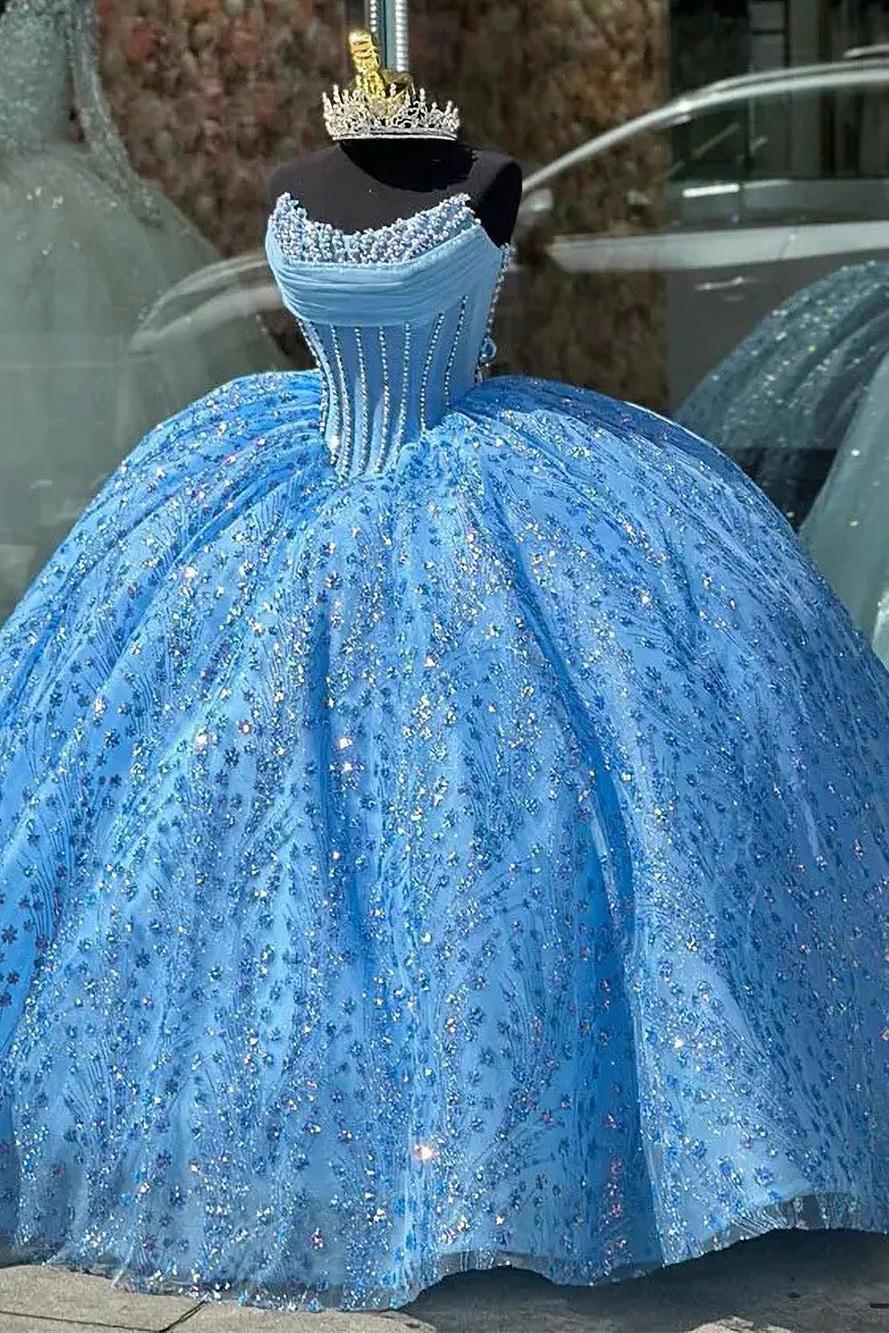 Glitter & Glamorous Ball Gown Strapless Fully Beaded Sequins Sky Blue Tulle Quinceanera Dress Princess Birthday Party Gown For Sweet 16