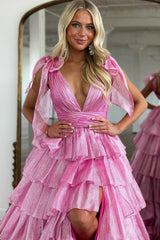 Royal Blue A Line V Neck Ruffled Long Prom Dress