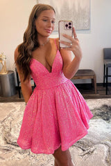 Glitter Hot Pink Homecoming Dress A-Line Short Cocktail Dresses with Pockets