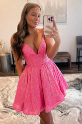 Glitter Hot Pink Homecoming Dress A-Line Short Prom Dress with Pockets