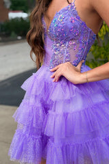 Glitter Lavender Homecoming Dresses Ruffled Short Corset Cocktail Dresses With Sequins