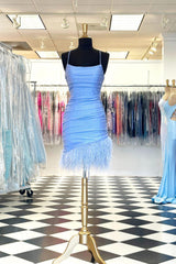 Glitter Light Blue Homecoming Dress Feathered Tight Short Cocktail Dresses