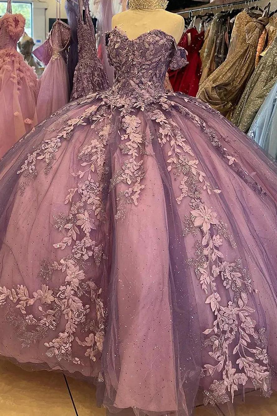 Glitter & Luxury Ball Gown Off Shoulder 3D Floral Lace Appliques Quinceanera Dress Birthday Party Gown For Sweet 16